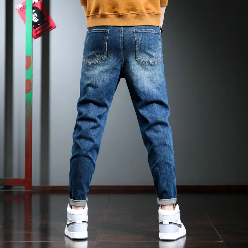 2022 Fashion Patchwork Jeans Men Casual Pencil Pants Blue Printed Jean Korean Style Streetwear Straight Denim Trousers