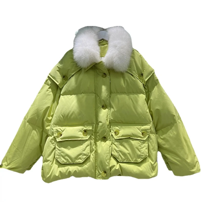 

2022 New Women's Down Jacket Korean Western Style Fox Fur Collar Slim Winter Coat Long Sleeve Solid Color Casual Clothes H275
