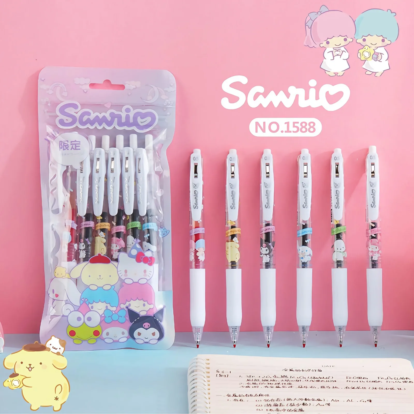 

6Pcs/set Sanrioed 0.5Mm Gel Pen black Refills Kawaii Anime Kuromi Cinnamoroll Pressed Bal Pen Student Office School Stationeries