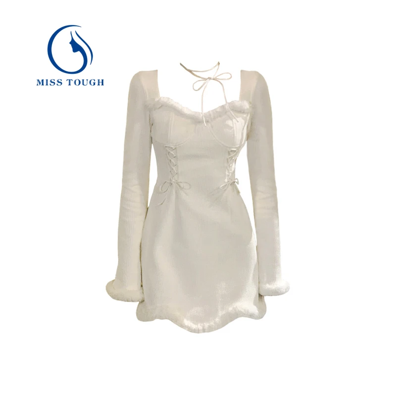 

2022 Spring White Mini Dress Women Long Sleeve Evening Party Dress Bandage Design Kawaii One Piece Dress Korean Square Collar