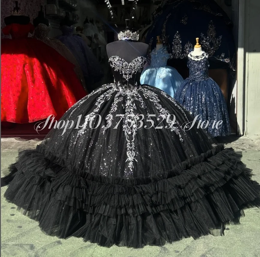 Изысканные платья Quinceanera Черные сверкающие милые оболочки с кружевной отделкой