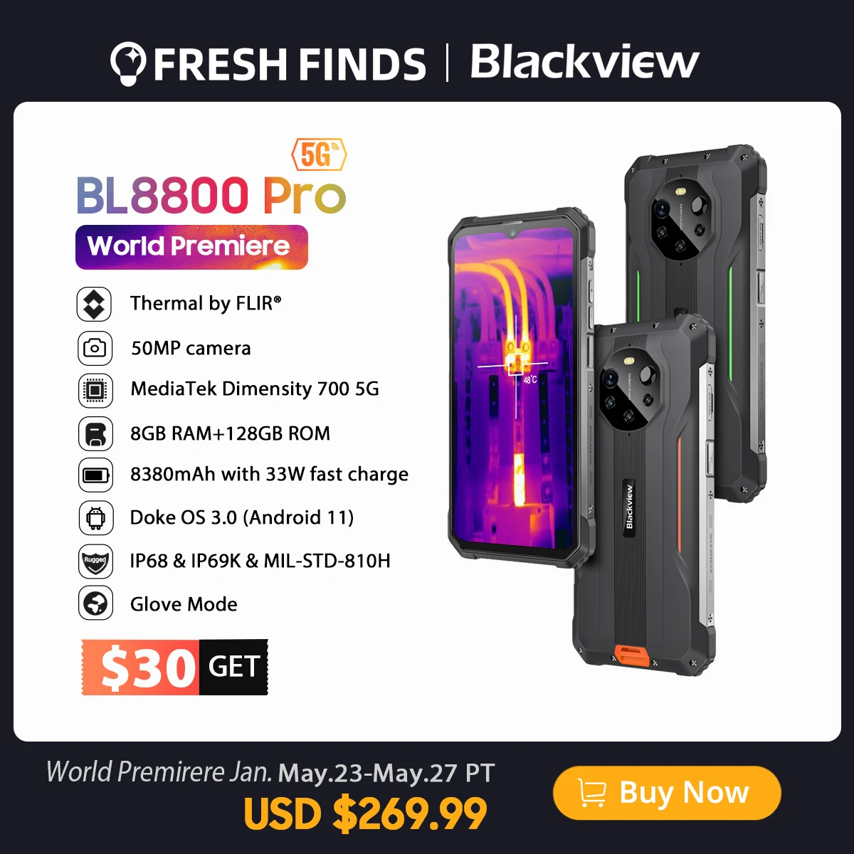Blackview BL8800 Pro 5G Rugged Phone Thermal Imaging 50MP Camera Phone MTK700 8GB+128GB Cellphone 8380mAh Battery Global Version