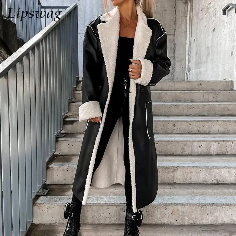 Casual Inside Sheep Fleece Warm Overcoat Elegant Patchowrk PU Leather Coat Jacket Women Autumn Winter Loose Thick Outwear Trench