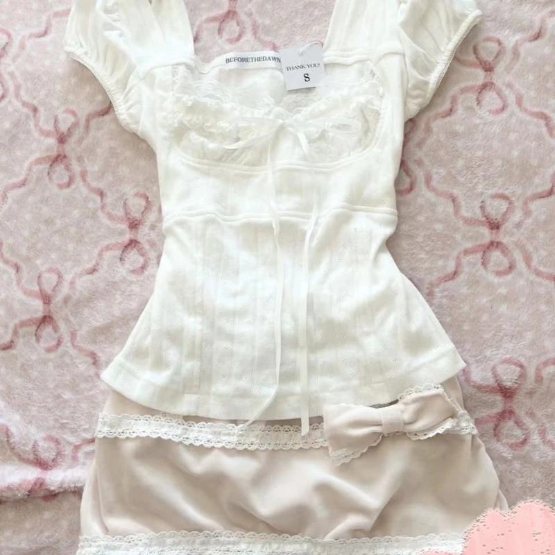 Фото Deeptown Sweet Kawaii белые футболки женские Shoujo модные кокетливые футболки с короткими рукавами и бантом корейский стиль кружевные лоскутные футболки №3