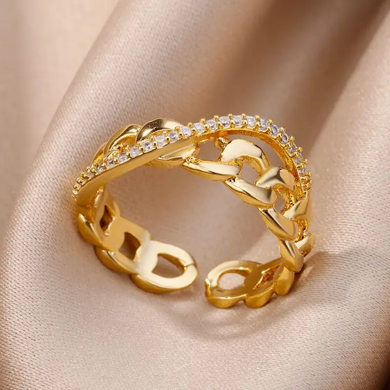 

Stainless Steel Zircon Chain Rings for Women Gold Plated Adjustable Ring 2023 Trending Aesthetic Wedding Jewerly anillos mujer