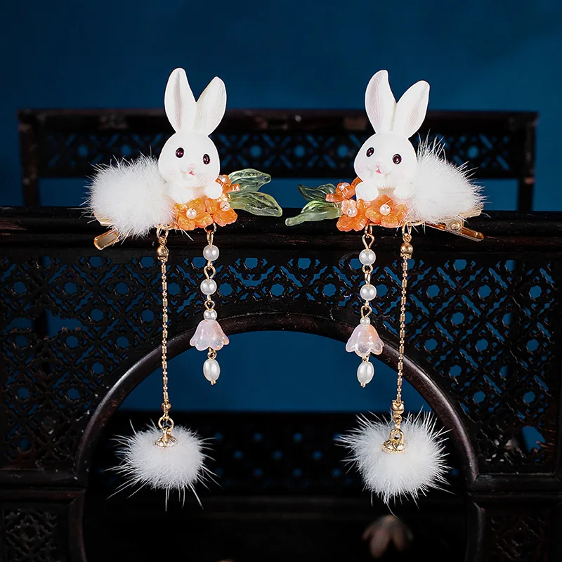 

2023 Cute Fur Rabbit Hair Clips Super Fairy Tassel Antiquity Hanfu Hair Accessories Headwear Hairpin Accessories Rabbit Years