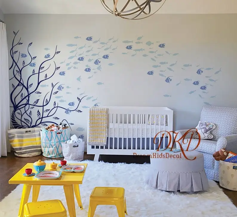 

School Fish Wall Decal for Nursery Kids Room Bathroom Decor, Rainbow fish wall stickers, Tropical fish, Nautical Wall Decal, Und