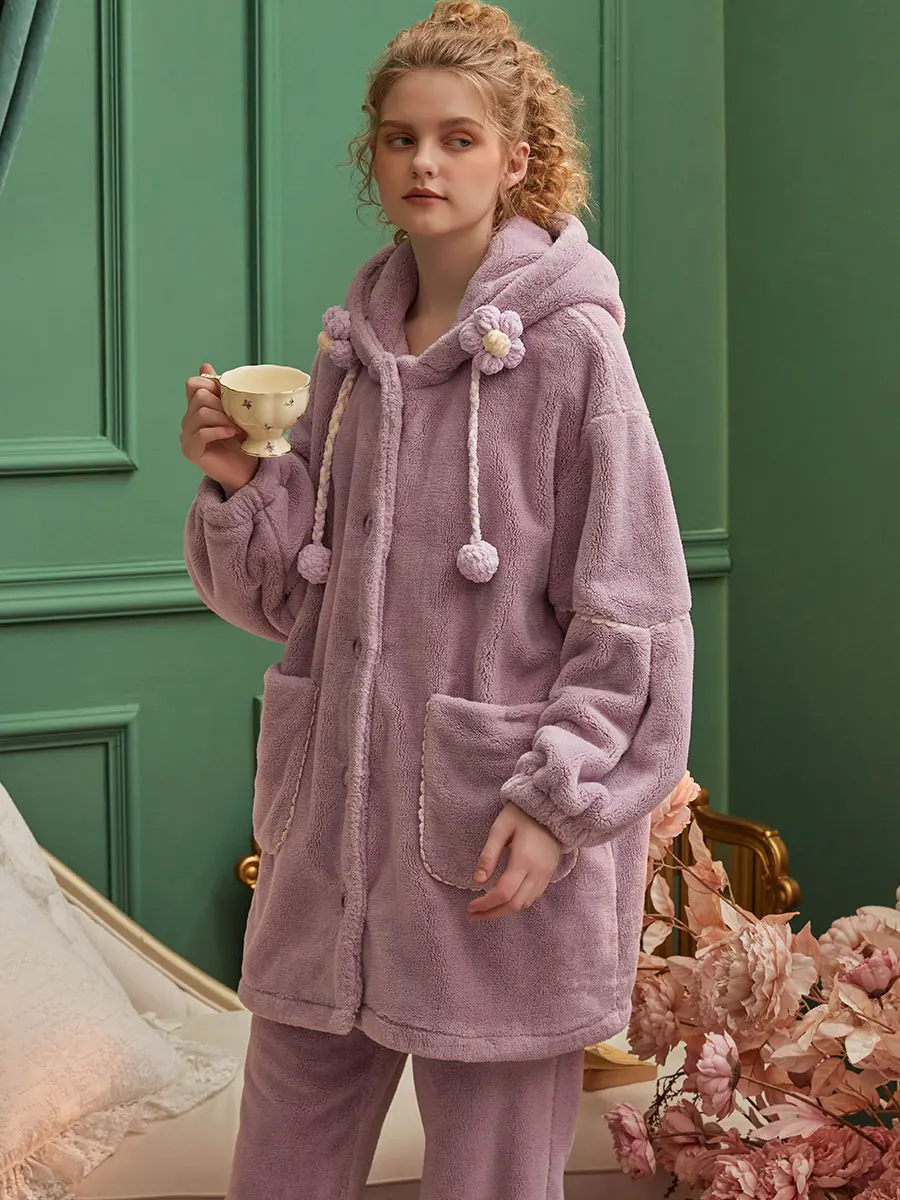 Женская пижама из кораллового флиса Chenxi зимний комплект с длинными рукавами