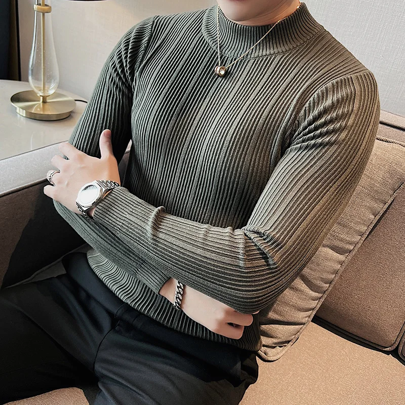 2023 Men Pullover Sweater Fashion Casual Striped Solid Color Sweater Men Half-high Collar Stretch Tight Sweater Slim Knit Tops