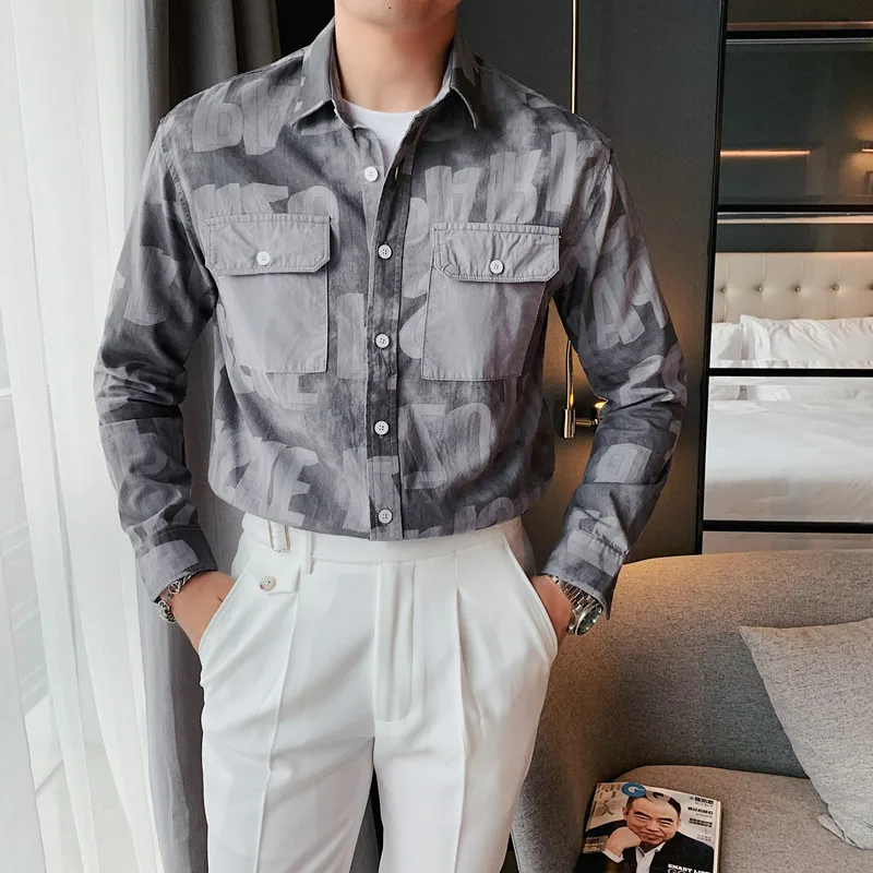 Korean Casual Shirt for Men Autumn Long Sleeve Letter Flower Shirts Fashion Streetwear Harajuku Tops Social Party Chemise Homme