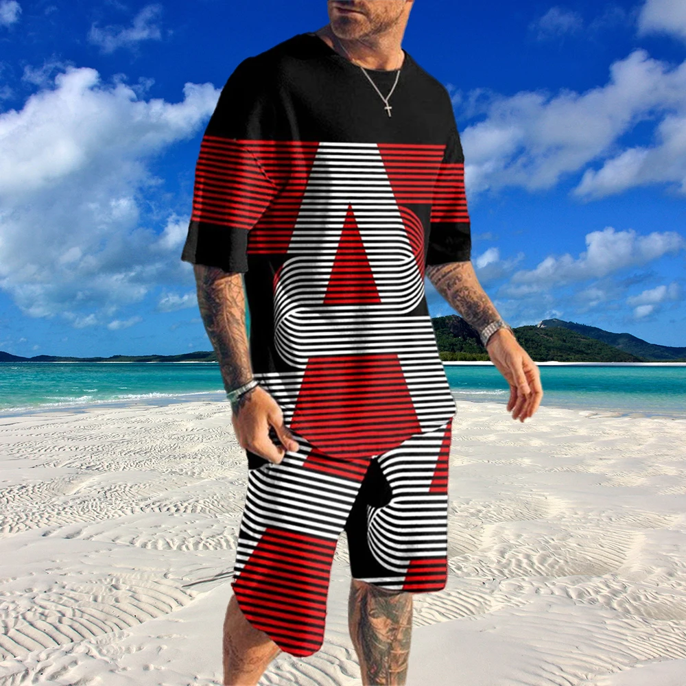 

New Men's Sets Summer Short Sleeve T-Shirt Suit 2 Piece Streetwear 3D Print Letter A Sports Beach Shorts Tracksuit Male Clothes