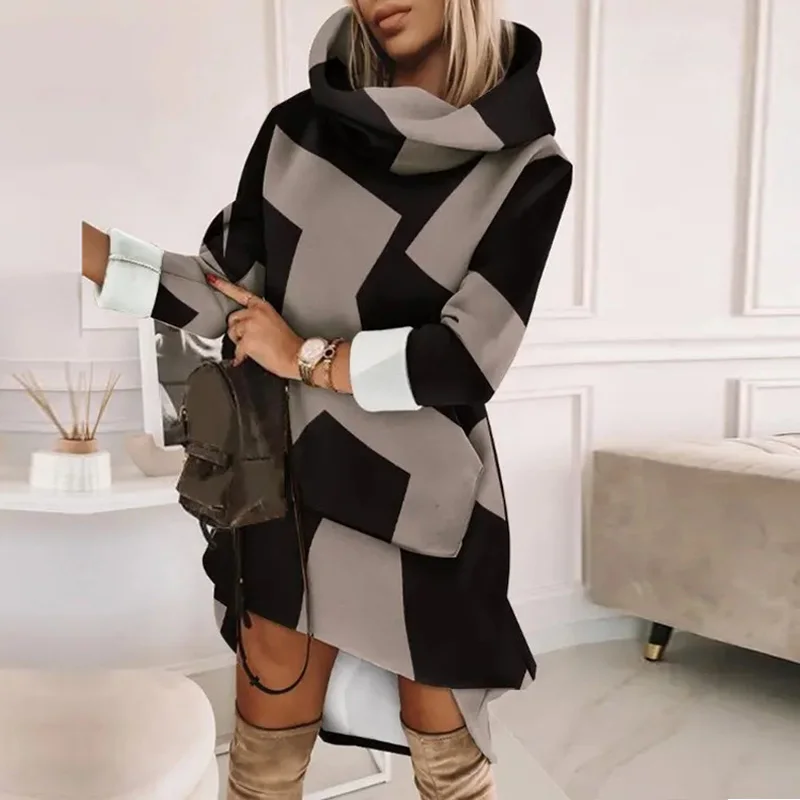 

Женское свободное платье-пуловер с капюшоном, Элегантное повседневное однотонное платье-свитшот с принтом, карманами и длинными рукавами на подоле, новинка на осень