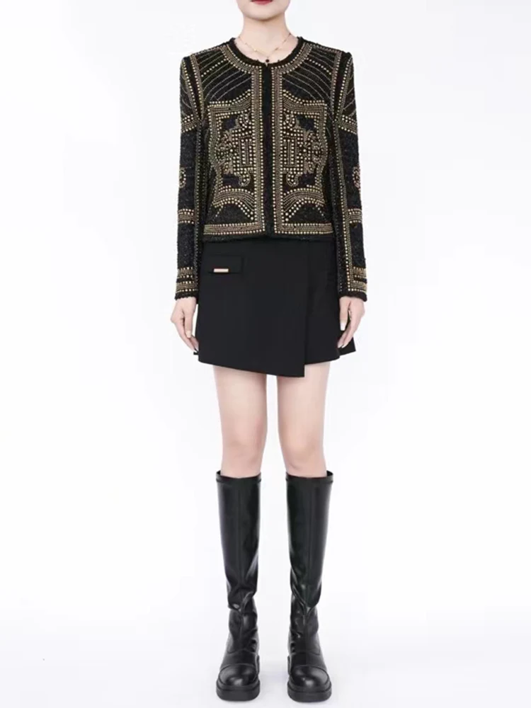 

Designer's retro geometric heavy craft tweed jacket with golden rivets, ladies' autumn new fashion Joker holiday party dress