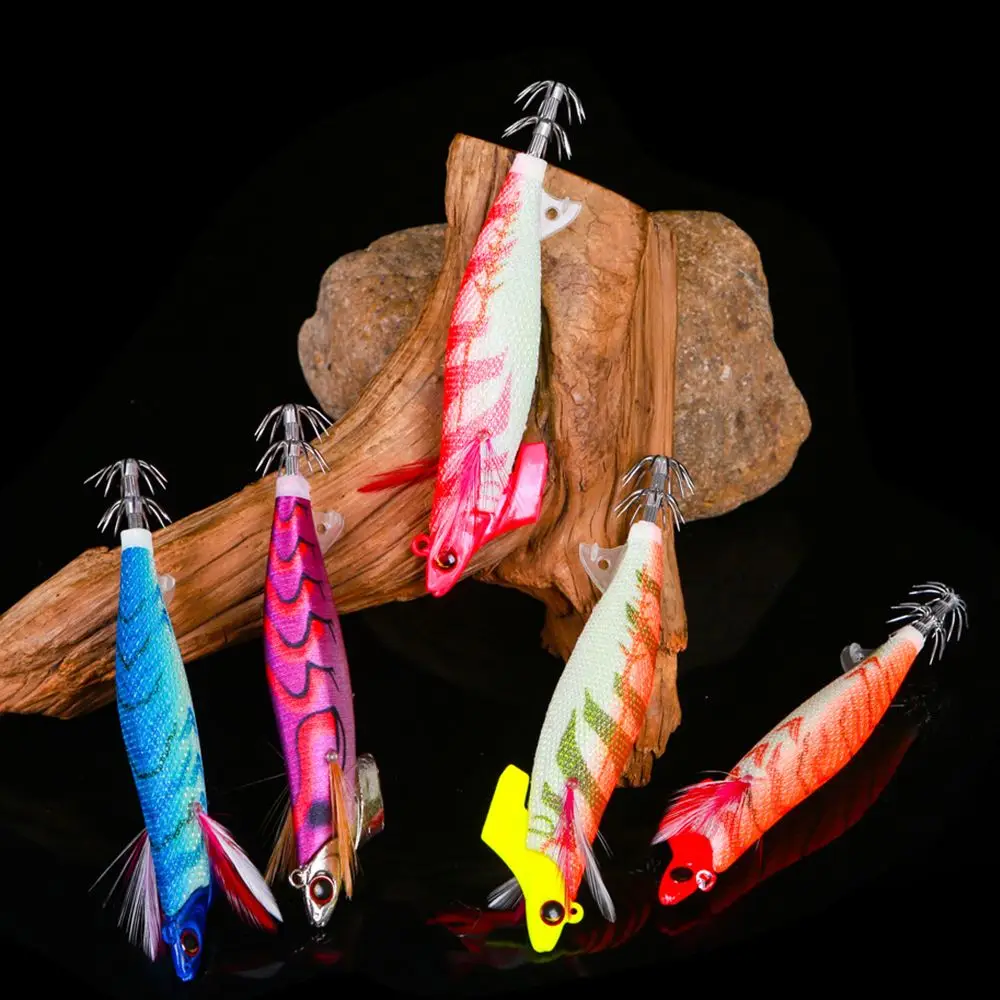 

5pcs/Bag Simulation Lifelike Jigs Luminous Squid Hook Octopus Bait Wood Shrimp Lures Fishing Tackle