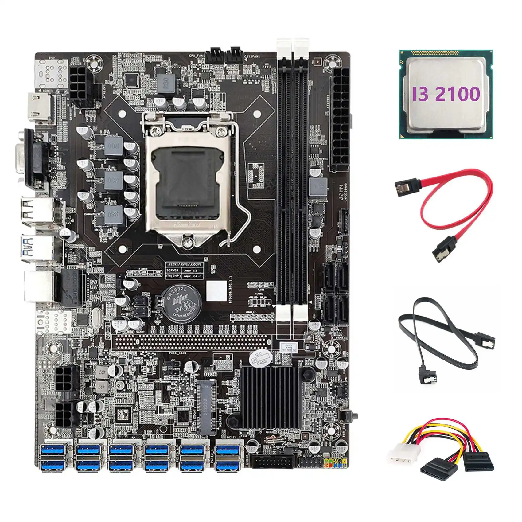 

B75 12USB ETH Mining Motherboard+I3 2100 CPU+2XSATA Cable+4PIN to SATA Cable 12USB3.0 B75 USB ETH Miner Motherboard