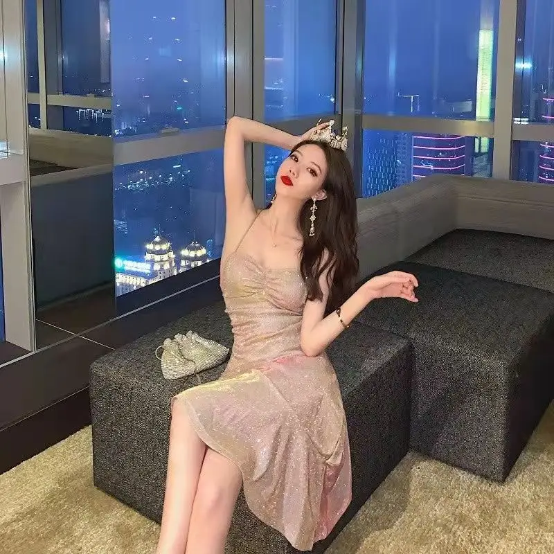 

Sexy Party Dresses Backless Asymmetry Ruffles Spaghetti Strap V-Neck Women Slim Sleeveless Dress Sequin Bodycon Off Shoulder