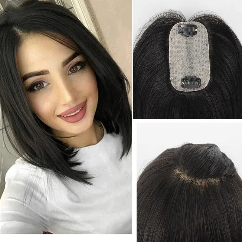 Colored Jet BlackHuman Hair Topper Clip in Perimeter Silk Top Human Hair Pieces for Women Brazilian Breathable Skin Base Closure