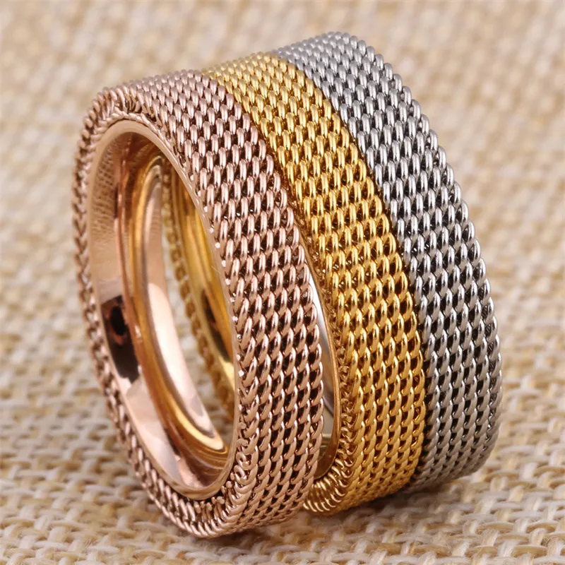 

Classic Tricolor Double Layer Stainless Steel Braided Mesh Ring Fashion Simple 18K Gold Plated Hollow Couple Jewelry Wholesale