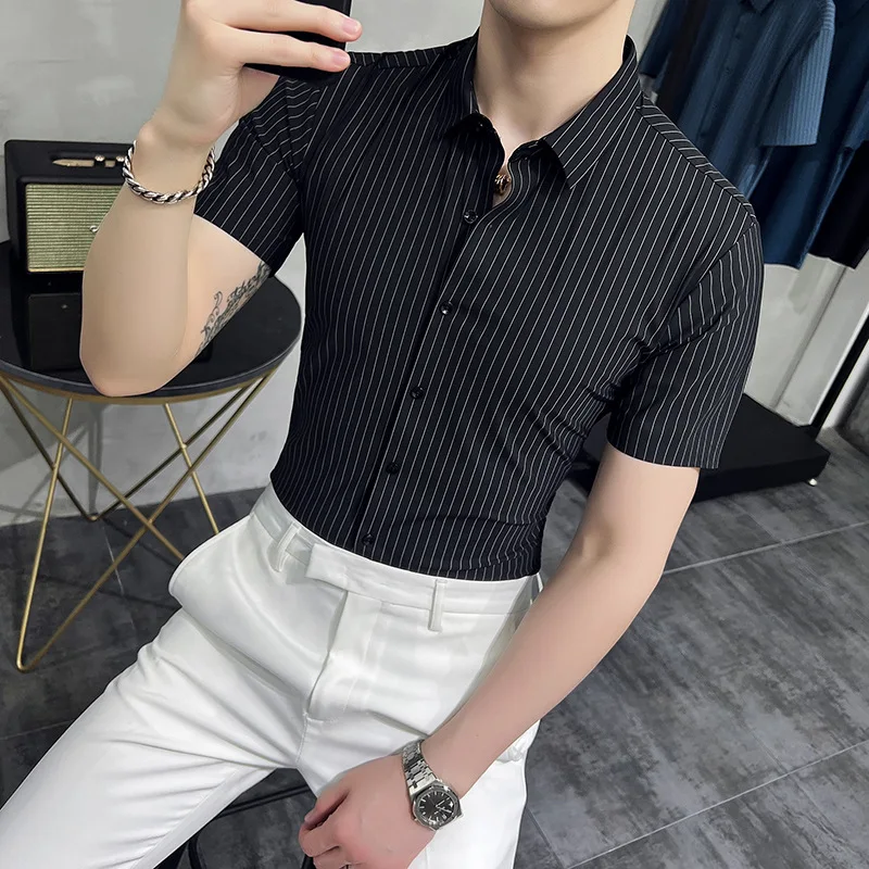 

Men's Short Sleeve Shirt 2022 Summer Half Sleeve Bottoming Shirt Free Ironing Slim Striped Boys Shirt mens dress shirts