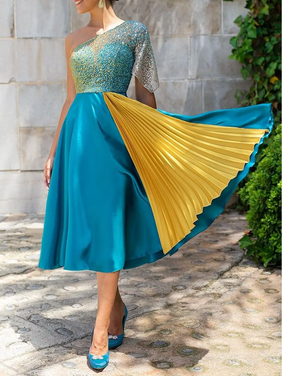 

2021 Autumn Winter One Shoulder High Waist Mid-Length Patchwork Colors Prom Dresses Ladies Classic Evening Party Vestidos Gowns