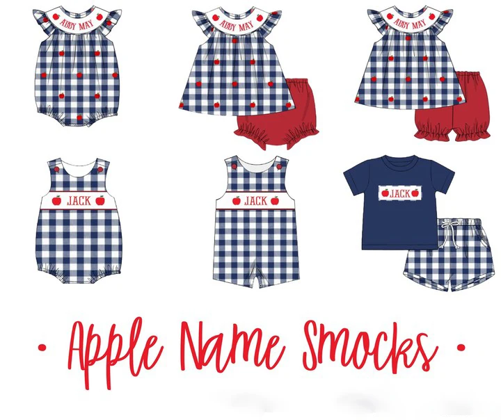 

Back To School Baby Girl Clothes Set Custom Name Embroidery Bodysuit Children's Suit Kids Apple Shorts Lattices 1-8T Outfits