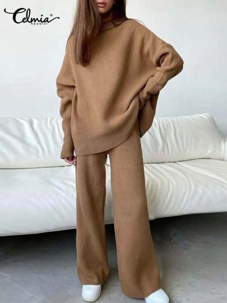 

Vintage 2 Pieces Sets 2022 Autumn Celmia Women Party Knitted Pant Sets Casual Loose High Collar Tops Wide Leg Matching Suits
