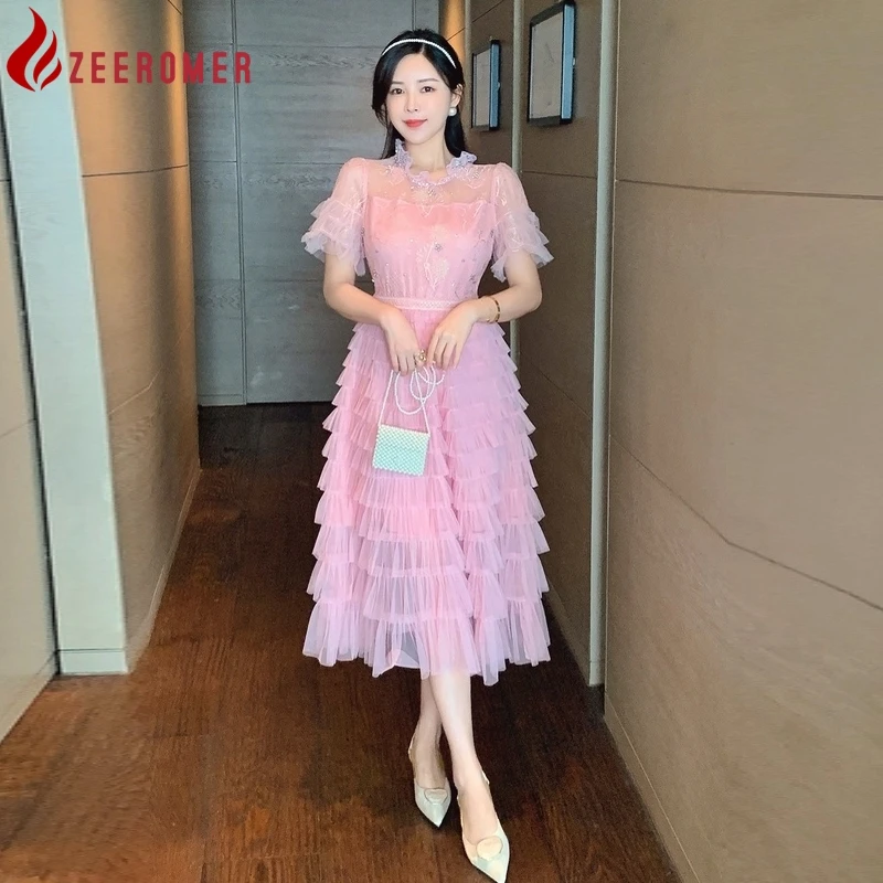 2023 Summer Fashion Designer Pink Embroidery Lace Dress Women Ruffled Collar Flare Sleeve Luxury Diamond Mesh Cake Midi Dress