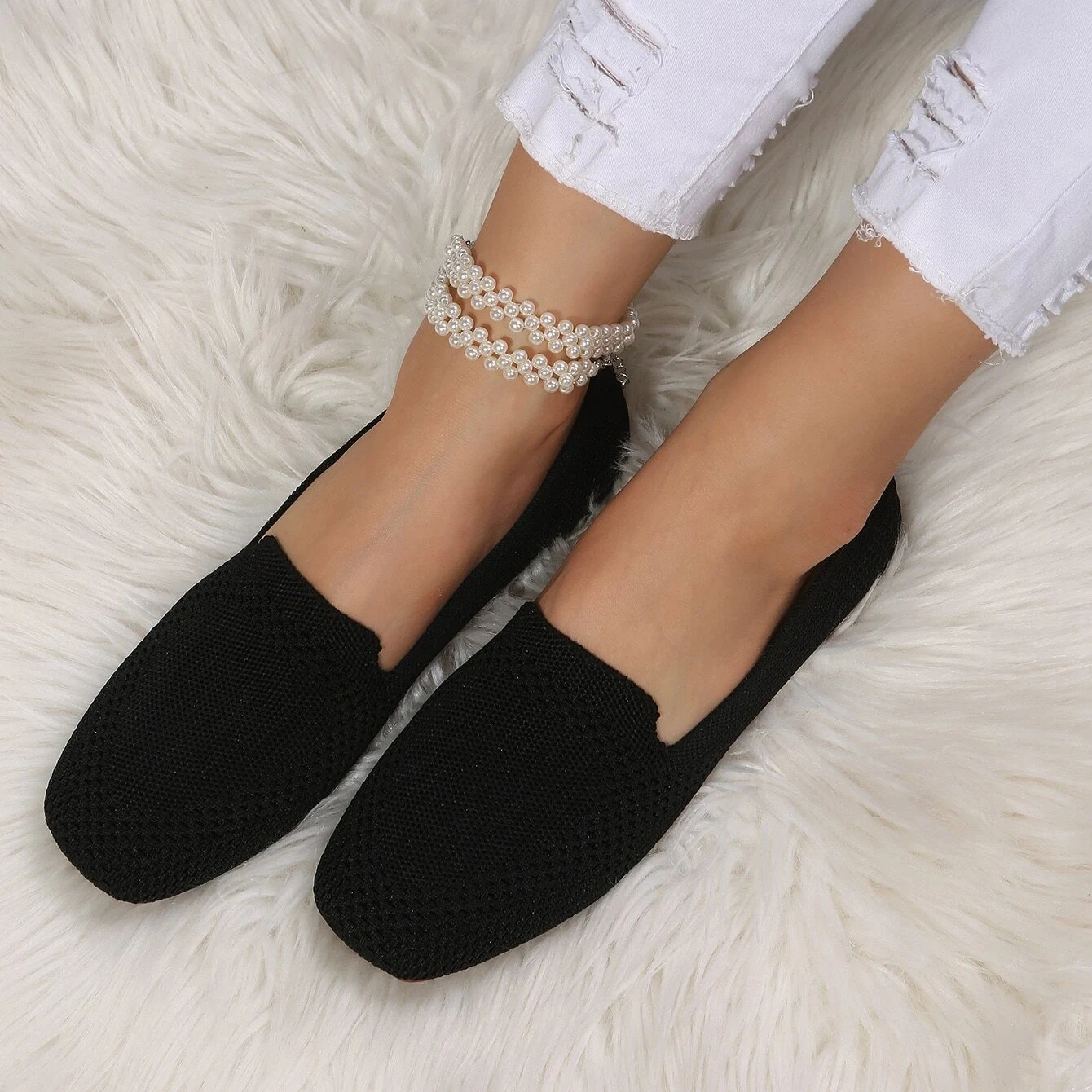 2023 Large Size Woven Women Single Shoes Spring and Autumn New Style Fly Woven Flat Square Head Cloth Shoes Knitted Soft Soles