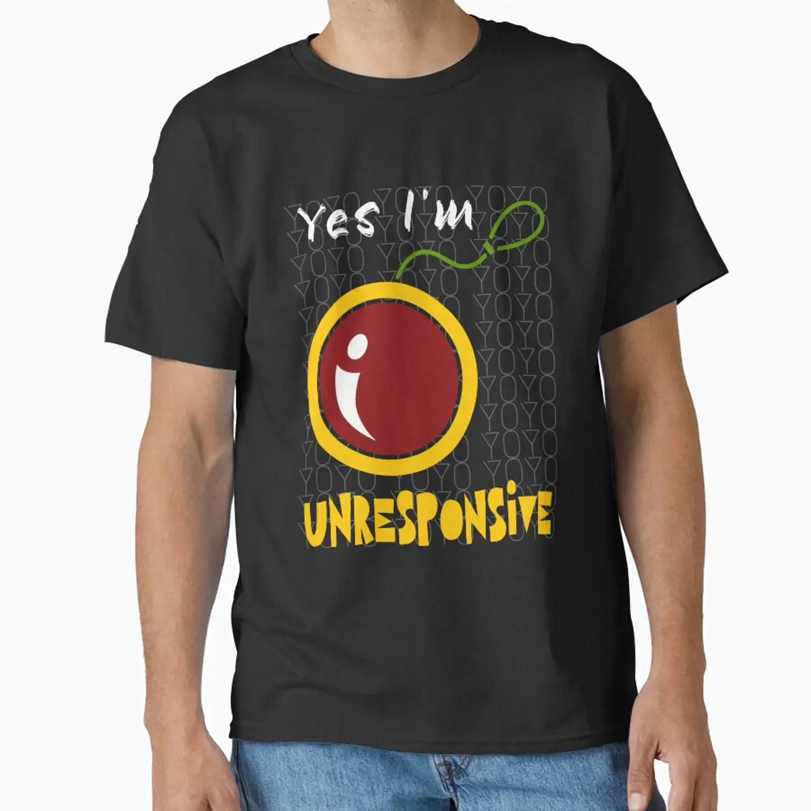 Фото Забавный дизайн YOYO Yes I'm Unresponsive для влюбленных, разработанный и продаваемый SereneSouls. Винтажная футболка с эффектом потертости для повседневной носки. №1