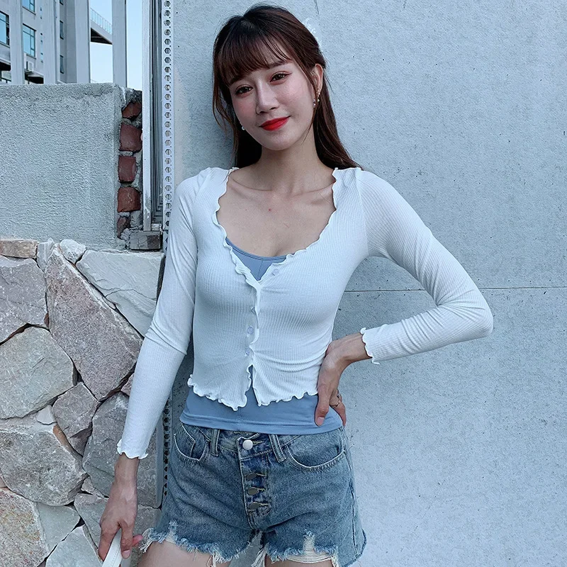 Летняя новая стильная Корейская версия тонкая вязаная куртка с деревянными