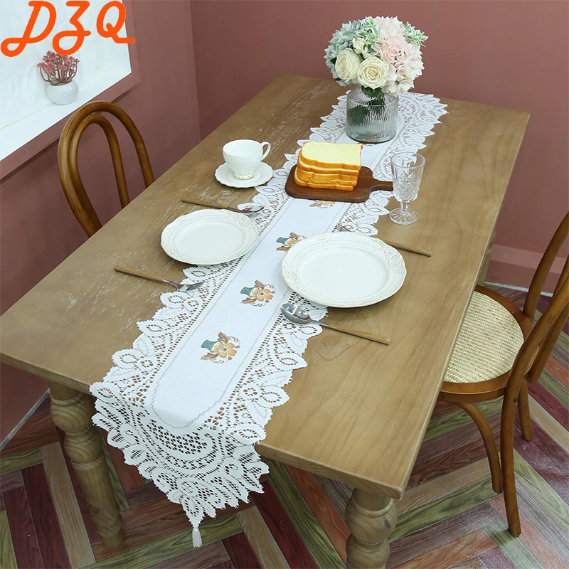French Retro Flowers Lace Tulle Table Runner White Hollow Lace Slender Strip Tablecloth TV Cabinet /Wedding Decoration #B013