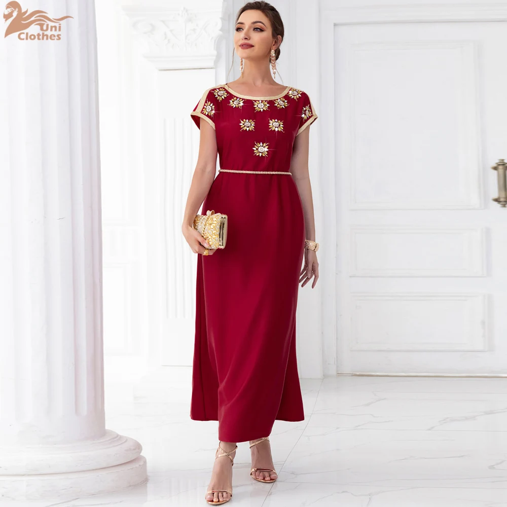 2024 женское платье макси с короткими рукавами и бриллиантами летний кафтан Дубай