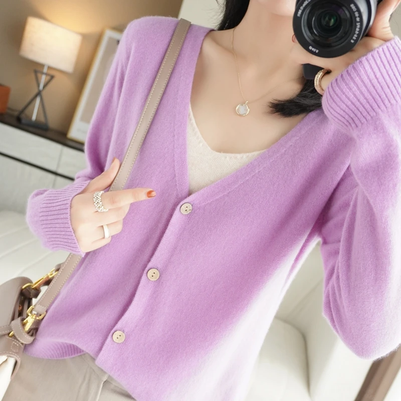 

Four Seasons Moze New Spring And Autumn 100% Pure Wool Cardigan Ladies V-Neck High-End Fashion Loose Sweater Versatile Top
