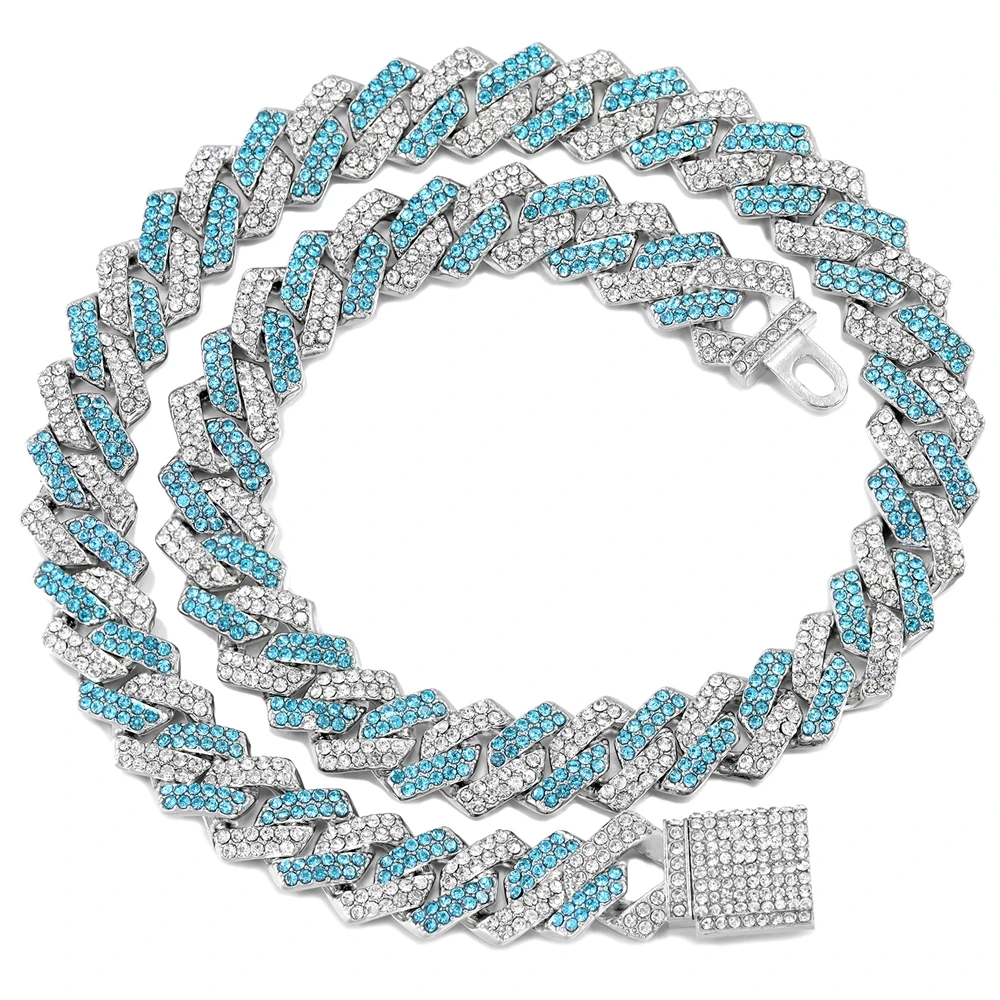 

Iced Out Blue Crystal Miami Cuban Link Chain Necklace For Men Women 14MM Prong Cuban Chain Rhombus Necklaces & Bracelet Jewelry