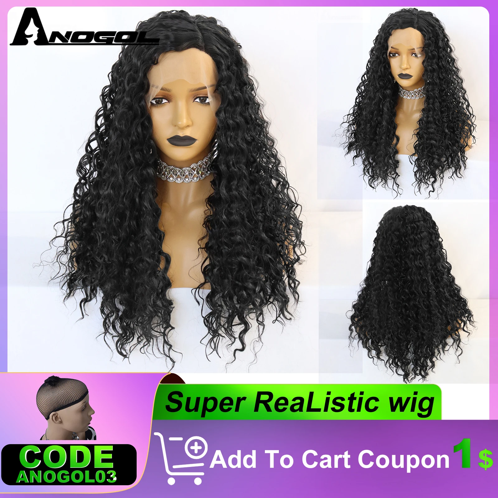 ANOGOL Synthetic Wigs 28IN Black Long Afro Kinky Lace Wig Heat Resistant Fiber Curly Hair African Wigs for Black Women Daily Use