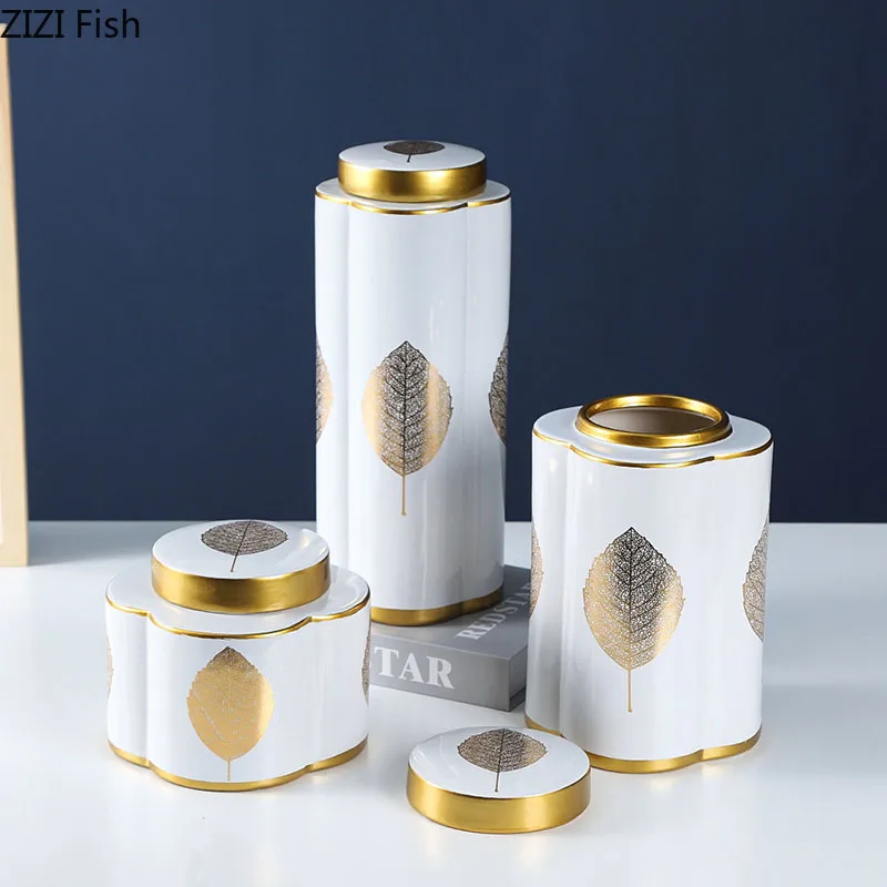 

Gold Plated Leaves Ceramic Storage Jar and Lids Dressing Table Jewelry Box Porcelain Cosmetic Container Candy Pots Tea Canister