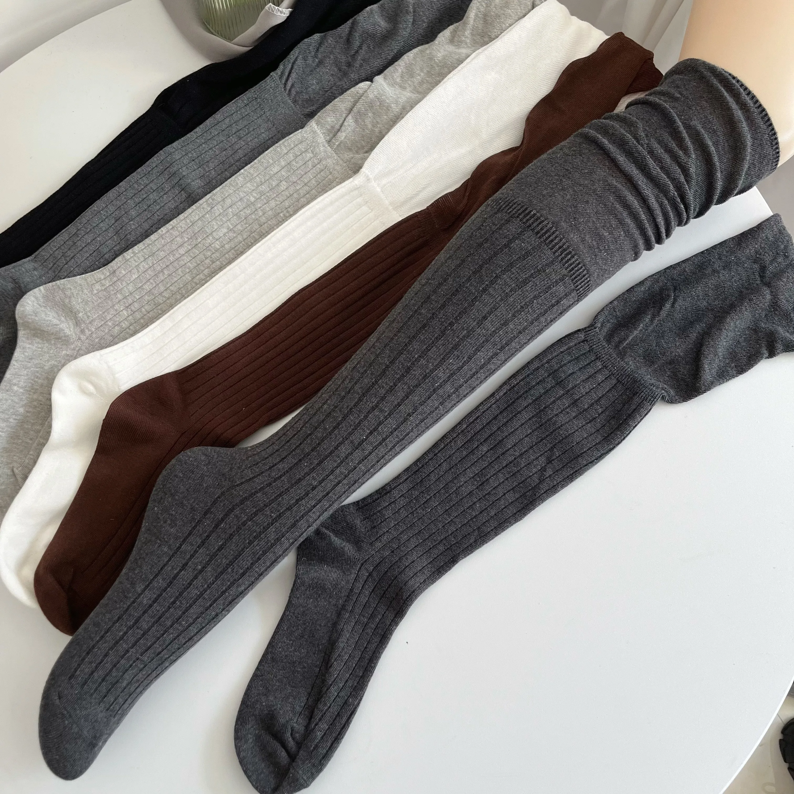 Smoky Gray Knee Socks Women Spring and Autumn Vertical Stripes Patchwork High Stacked Calf Retro White Stockings ...