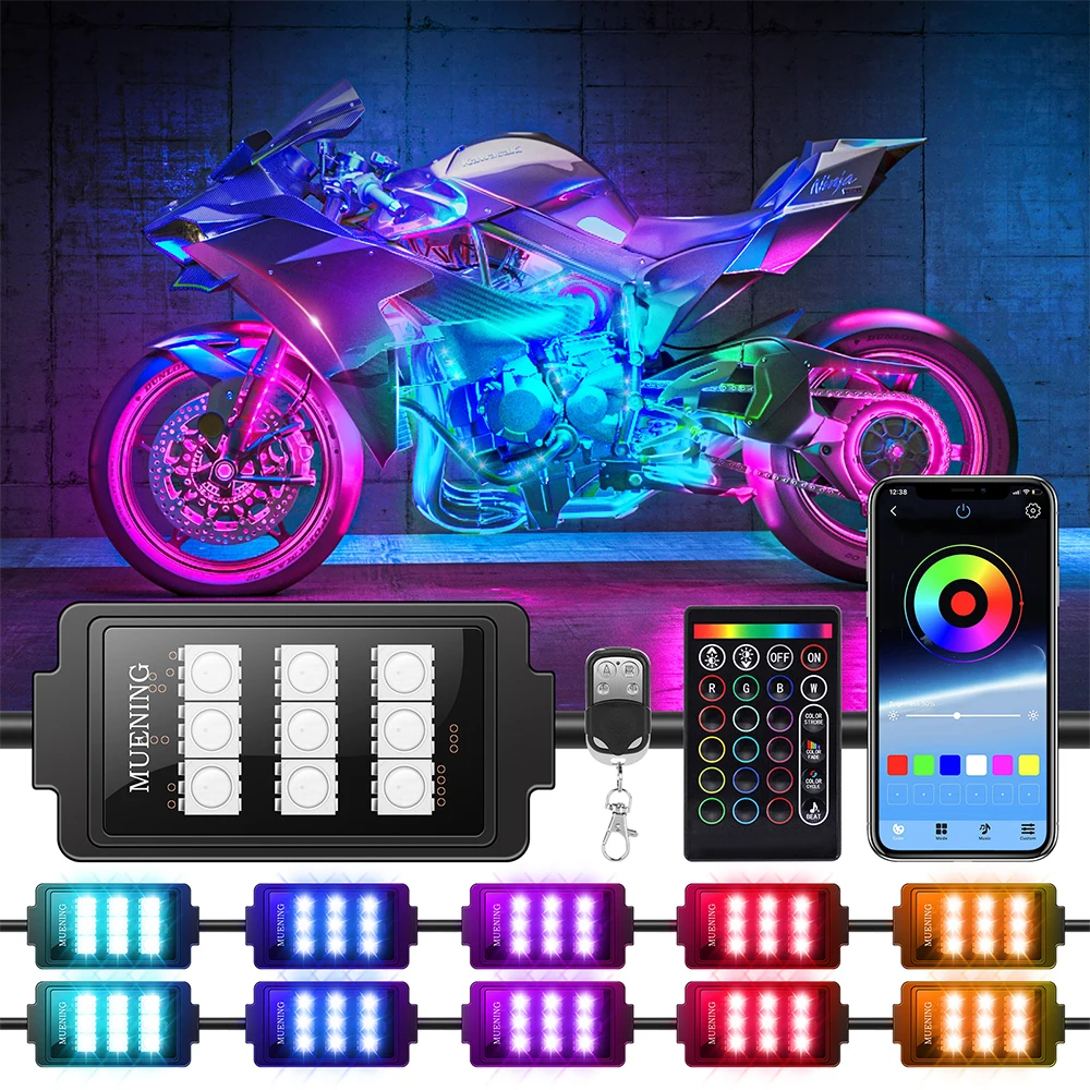 

Светодиодная лента RGB для мотоцикла, 10 шт., беспроводной смарт-контроллер APP & RF, совместим с тележками, Trikes, Cruiser, скутерами, квадроциклами, UTVs