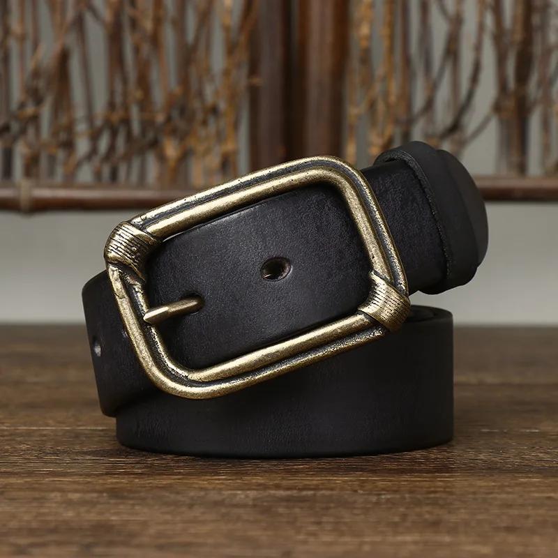 3.8CM Thick and Thick Frosted Head Layer Cowhand Leather Worn Copper Buckle Belt Men's Leather Denim Belt