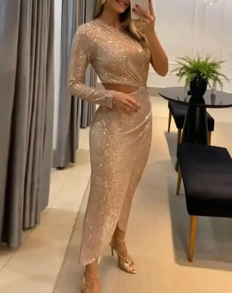 

Dress For Women 2022 Summer Glamorous Wedding Guest One Shoulder Long Sleeve Cutout Slit Skinny Party Evening Maxi Sequin Dress