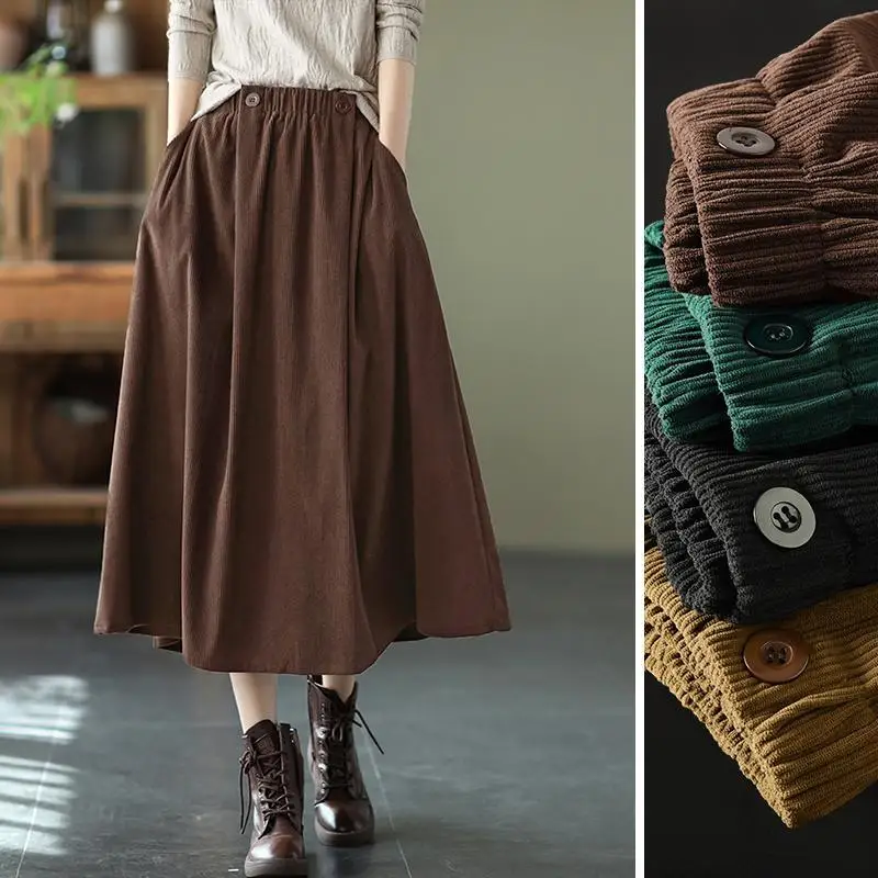 

Spring Autumn Vintage Corduroy Mid Length Skirt Korean Fashion Clothing Aesthetic Skirts Womens 2022 Skort for Women Harajuku