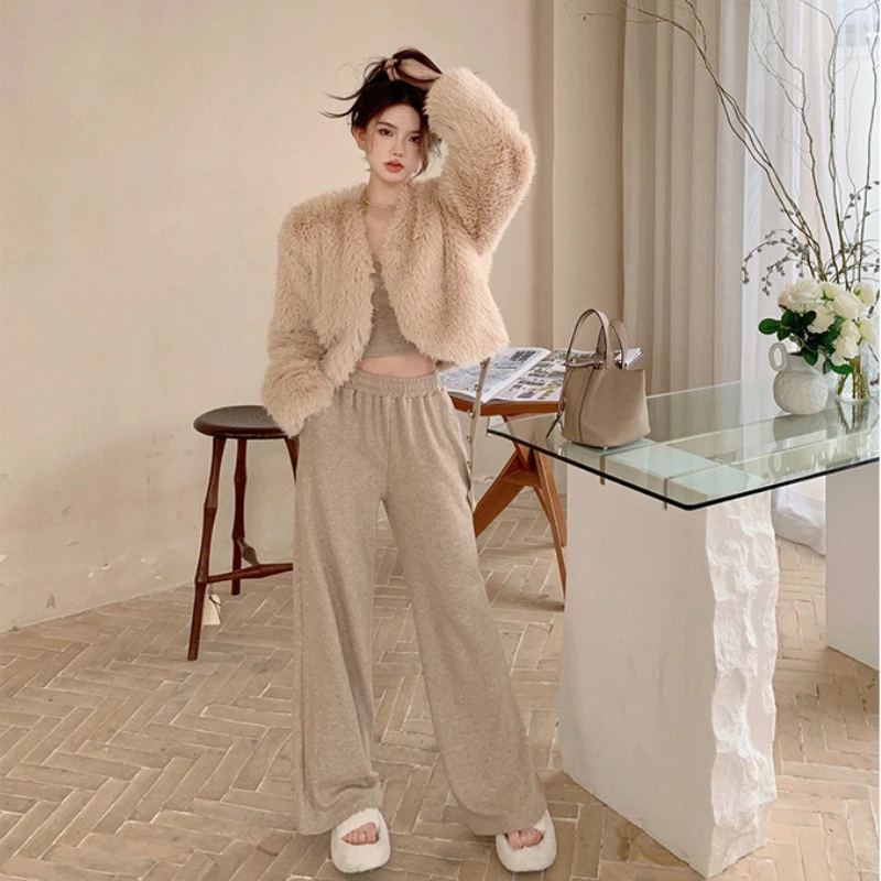 

Khaki Three-piece Women Sets Fur Plush Long Sleeve Coat + Wide Strap Camis Tank + Elastic High Waist Straight Pant Dropshipping