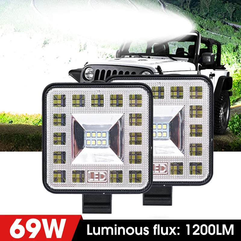 

Car Square Spotlight Headlights for Motorcycle SUV Truck Forklift Boat Waterproof LED Driving Work Lights Fog Lamp 69W 12V-24 V