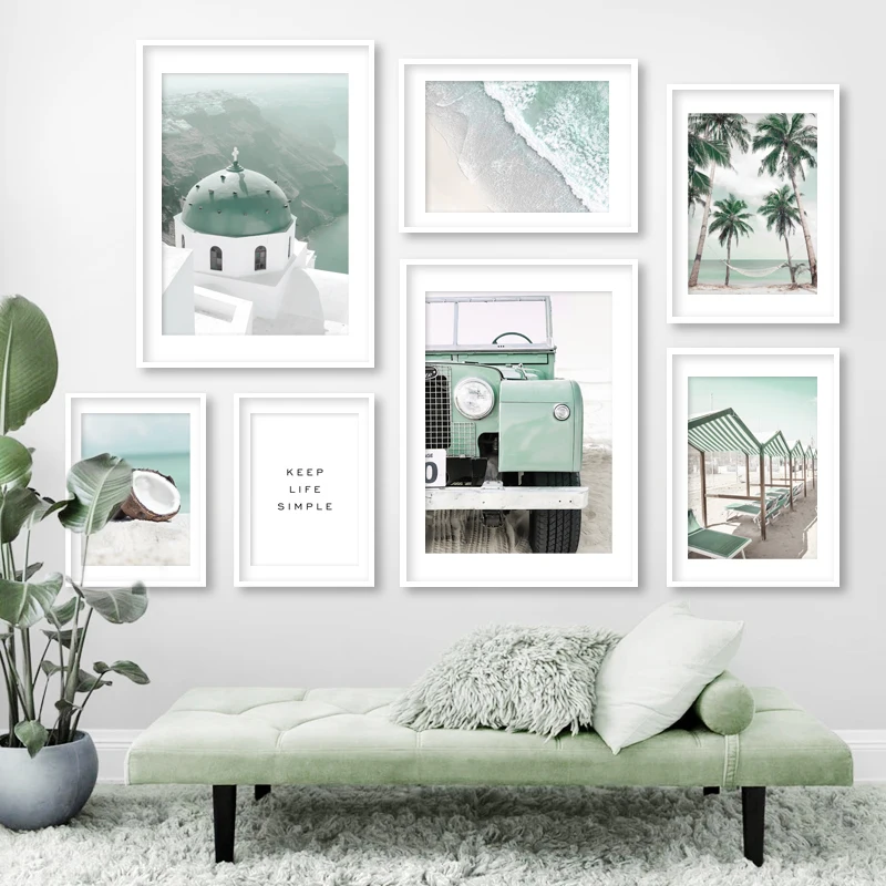 Санторини пейзаж декоративная живопись ранний зеленый пляж Кокосовая пальма