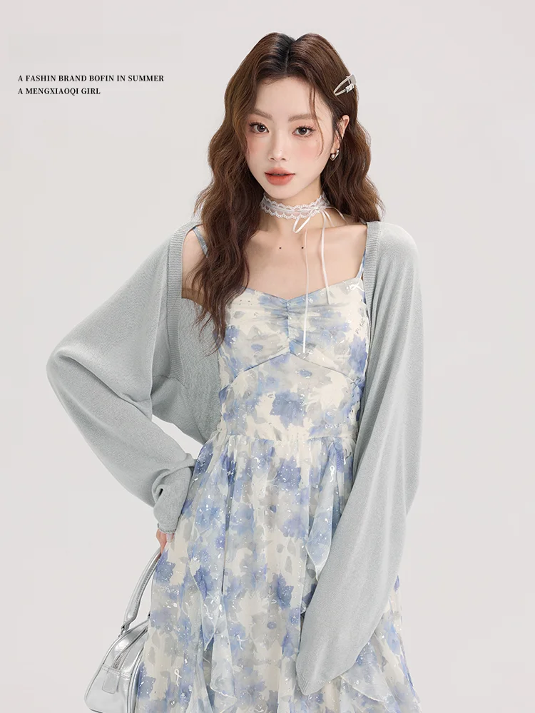 Короткий синий кардиган Meng Xiaoxiao для защиты от солнца женская летняя тонкая юбка