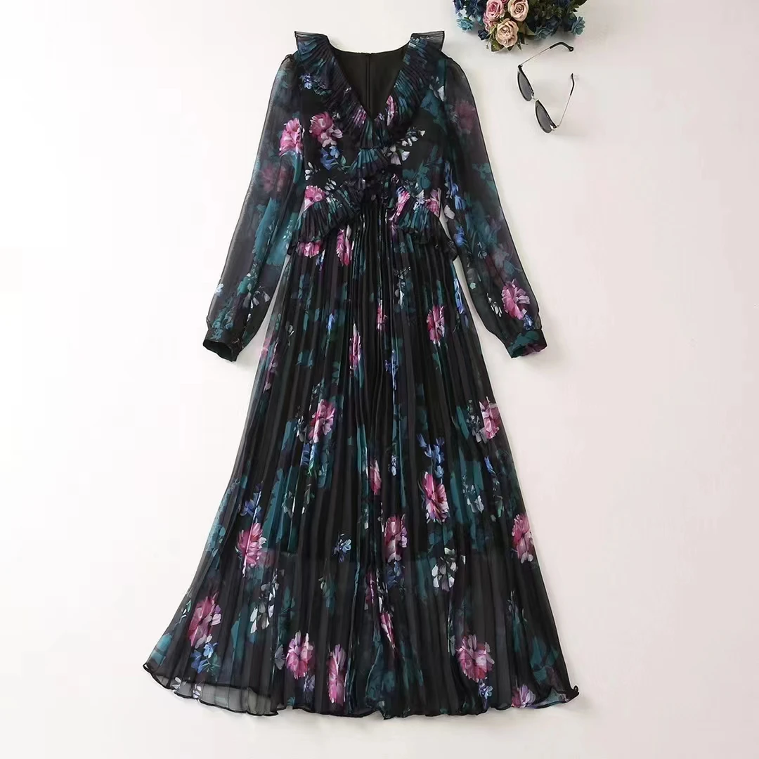 

Женская одежда в европейском и американском стиле, новинка весны 2023, модное плиссированное платье с длинным рукавом и V-образным вырезом и цветочным принтом