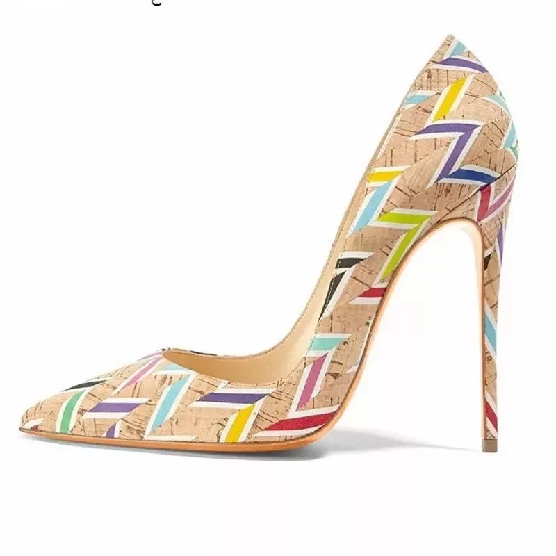 

Wooden Printed Stiletto High Heels Shoes Multicolour Strpied Shallow Pointed Toe Women Party Shoe Slip On 12CM 10CM 8CM Footwear
