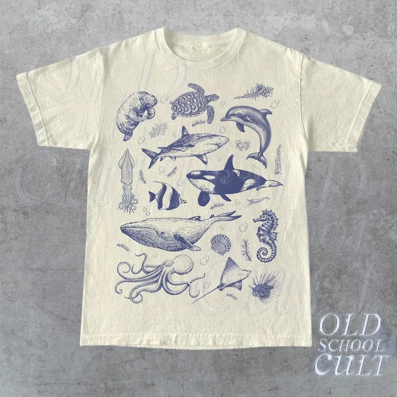 Винтажная футболка в стиле 90-х с татуировкой морских животных ретро-футболка