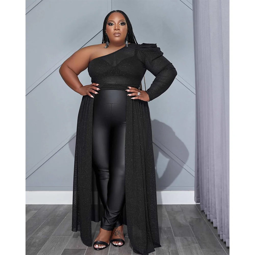 Plus Size New Semi-perspective Mesh Slim Sexy Top Elegant Solid Color Bubble Sleeve Single Side Long Sleeve Fashion Long Top