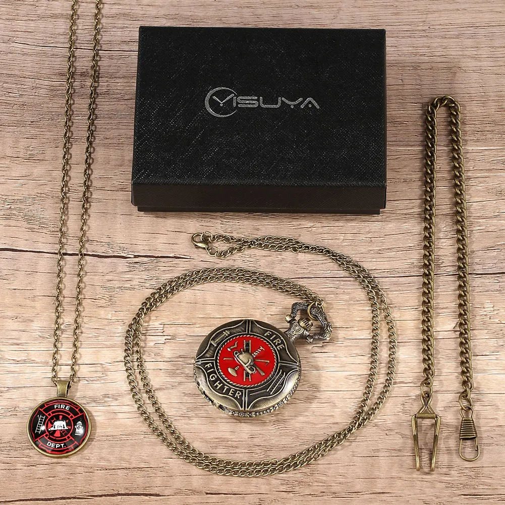 Vintage Quartz Pocket Watch Men's Bronze Watches Man Necklace Set Clock Birthday Gifts Suit for Boys Military Relogio De Bolso